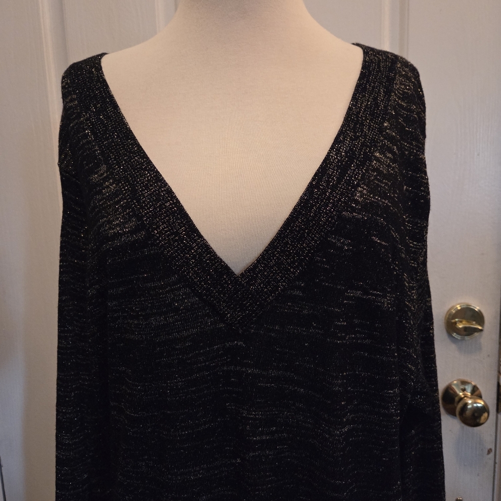 Nicki Minaj Sweater Vneck Pullover Black Gold Shimmer Threading Lightweight 3X